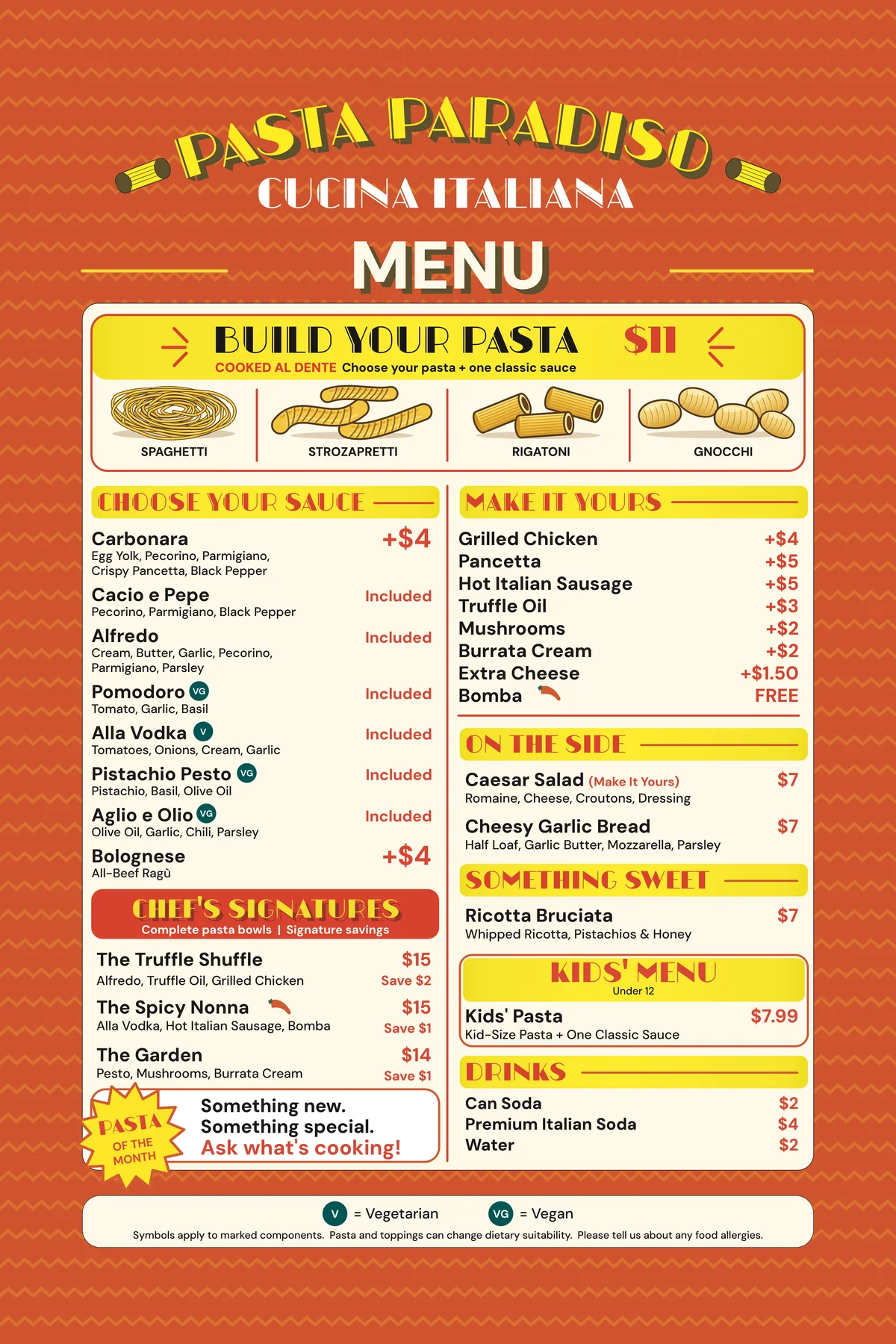 Pasta Paradiso menu: build your pasta for $11, sauces, add-ons, sides, sweets, kids menu and drinks